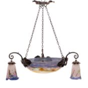 A mottled coloured glass and wrought iron mounted dish light, by Muller Freres, Luneville,