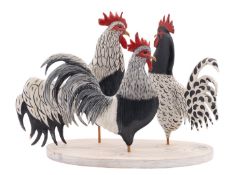 Judith Nicoll [Contemporary] Chickens a carved and painted sculpture set on an oval base,