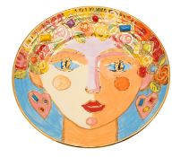 *Mary Rose Young [b 1958] two pottery plates and a bowl each brightly glazed,