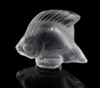 Three Lalique Cristal Poisson in opalescent green, clear and black,