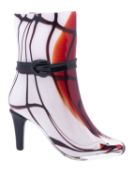 A cased coloured glass vase in the form of a high heeled boot with ankle strap and buckle,