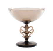 Simon Gate for Orrefors a smoke glass footed bowl the wrythen triple knopped stem with tooled wings,
