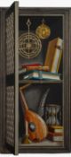 20th Century school - Trompe l'œil of books and objet d'art on shelves - Oil on board - Unsigned,