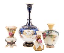 Four Royal Worcester porcelain vases two decorated with pink and yellow Hadley roses, green marks,
