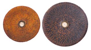 Two Chinese lacquer Feng Shui compasses [Luopan] in lacquered wood,