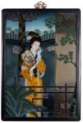 A Chinese reverse glass painting, 20th century depicting an elegant lady on a terrace,