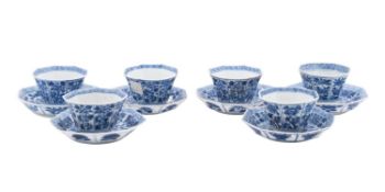 Vung Tau cargo six tea bowls and saucers of octagonal form painted with panels of peony within a