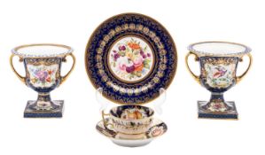 A mixed lot comprising a Coalport dessert plate painted with flowers and fruit on a gilded cobalt