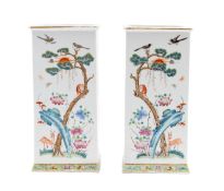A pair of Chinese famille rose square-section vases,