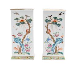 A pair of Chinese famille rose square-section vases,