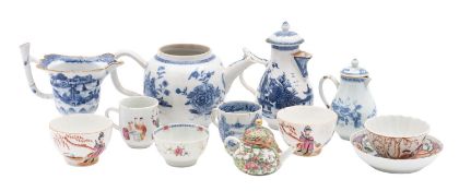 A group of primarily Chinese porcelain tea wares comprising a monk's cap cream jug,