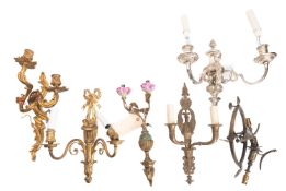 Six various metal twin light wall appliques,