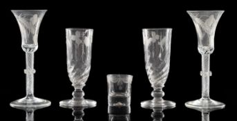 Two pairs of ale glasses one pair with funnel shaped bowls engraved with hops and barley set on an