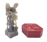 A Chinese cinnabar lacquer box and cover of lozenge shaped form carved with chrysanthemum and peony,