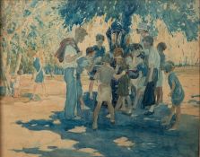 20th Century French school - Children around a water fountain - Watercolour - Unsigned - 27 x