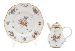 A Champion's Bristol lobed dish and a pear-shaped coffee pot and matched cover,