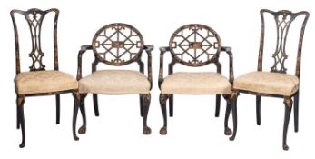 Two pairs of parcel gilt and black lacquered wood chairs in George III Chinoiserie taste,