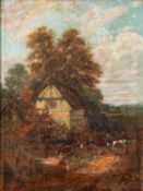 19th century British school - Figure driving cattle by a cottage - Oil on canvas - Unsigned -