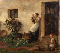 Late 19th / early 20th Century school - Mother and baby outside a cottage,