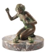 A Continental patinated bronze group of a maiden with two frogs,