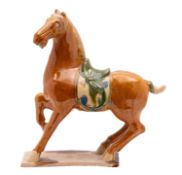 A group of three large Chinese sancai-glazed pottery figures of horses, modern,