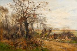 Sidney Grant Rowe (British, 1861-1928) - Landscape with sheep on a country lane,