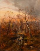 Late 19th / early 20th Century school - Figure with dog driving cattle and sheep down a wooded