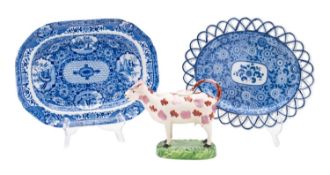 A mixed lot of 19th century pottery including a Swansea creamware cow creamer and cover [one horn