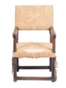 An oak and upholstered elbow chair in William & Mary style,