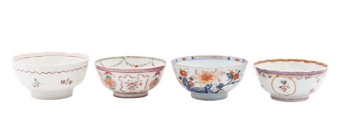 A group of five Chinese Export bowls, Qianlong painted with figures, flowers and foliage,