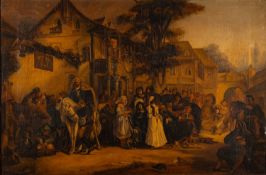 S Rumson Curtis in the 19th Century manner - Figures outside a tavern - Oil on canvas - Signed