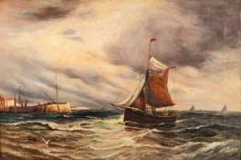 A E E (19th Century) - A fishing vessel coming into land - Oil on canvas - Initialled lower