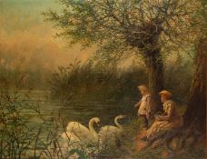 S Hodgson (19th Century British school) - Mother and daughter feeding swans - Oil on canvas -