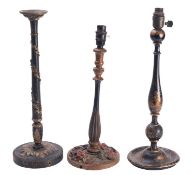 Three painted and lacquered wood table lamps, early 20th century; one in Chinoiserie taste,