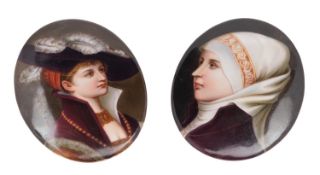 A pair of Continental porcelain oval portrait miniatures each painted in a renaissance revival