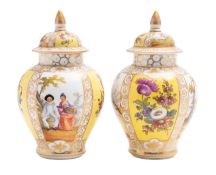 A pair of Continental gilt-metal mounted vases and covers and a pair of Dresden vases and covers,