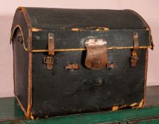 Victor Luggage; a hard-shell and metal bound steamer trunk,