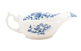 An early First Period Worcester blue and white low-footed sauceboat,