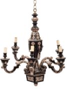 An ebonised wood and silvered metal mounted six light chandelier, in Louis XIV taste,