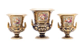 A garniture of three Derby two-handled campana urns,