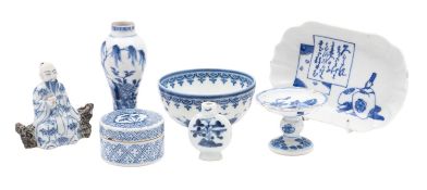 Seven pieces of Chinese porcelain each painted in blue comprising an incense holder in the form of