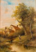 19th Century British school - Boy by a river - Oil - Unsigned - 34.5 x 24cm, 52 x 42cm framed.