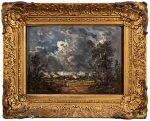 In the manner of John Constable - Landscape with figures and village beyond - Oil on panel -
