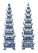 A pair of blue and white porcelain Dutch Delft-style tulipieres, modern each of four sections,