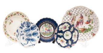 A mixed lot of four 18th century English porcelain plates and a dish [restoration to all]