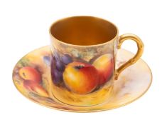 A Royal Worcester 'fruit painted' coffee can and saucer by Harry Ayrton signed,