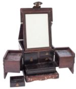 An Oriental inlaid and metal mounted hardwood travelling dressing box,