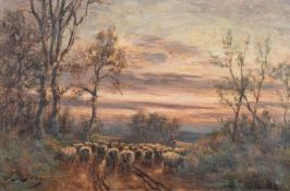 J B Gray (?) (19th Century) - Figure driving sheep along a path - Oil on canvas - Indistinctly