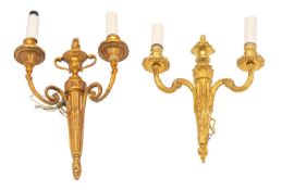Three various gilt metal twin light wall appliques, in 18th century Neoclassical taste,
