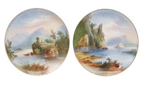 A pair of pottery blanks each decorated with a lakeside landscape,